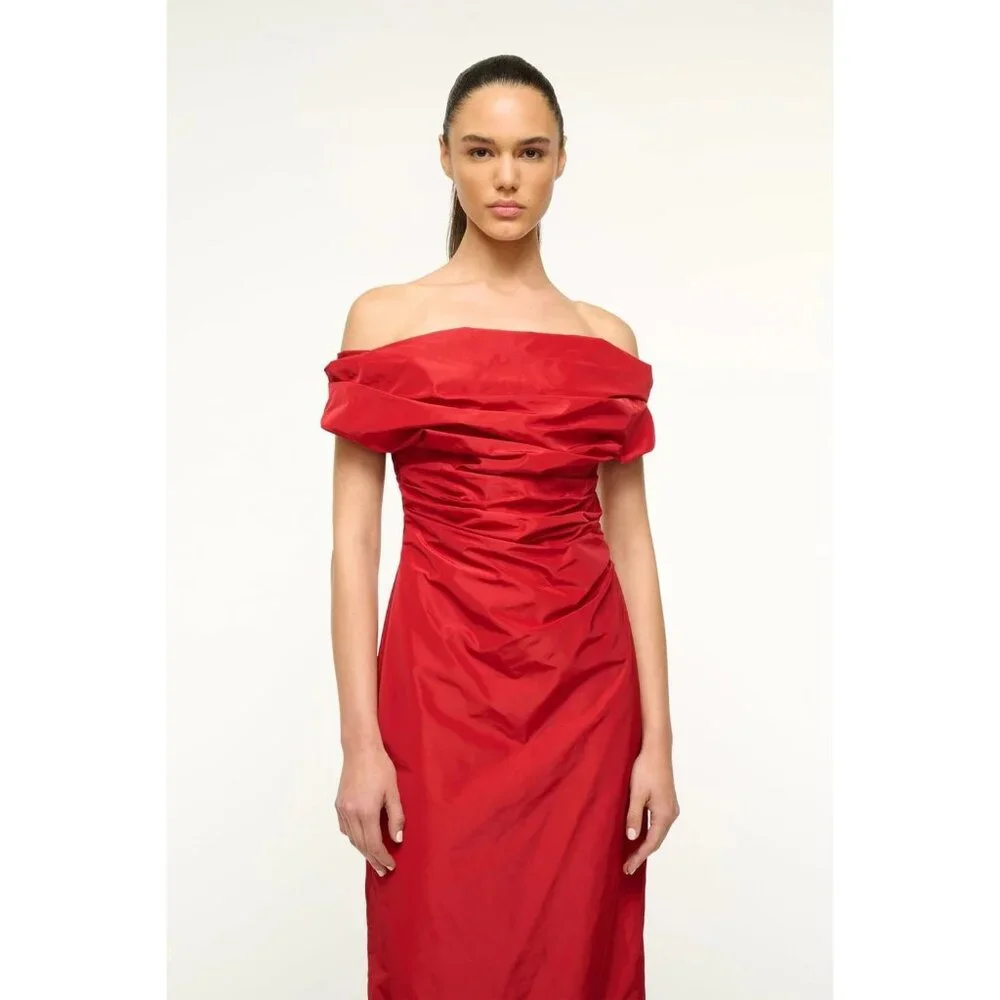 STAUD Andrea Dress Rouge Red Size 2 Off‑Shoulder Taffeta Midi - NWT